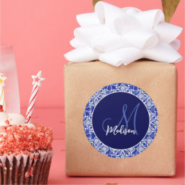 Adesivo Redondo Monograma inicial de cinzas azul-na moda