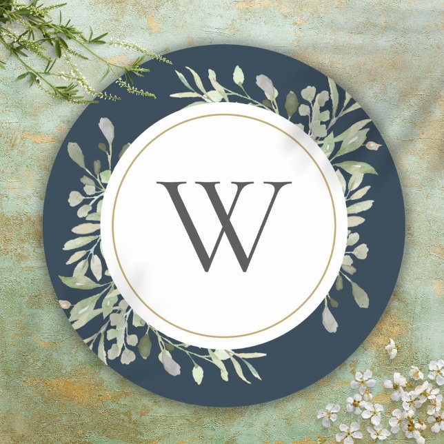 Adesivo Redondo Monograma Inicial do Elegante Azul Verde Elegante (Elegant Navy Blue Greenery Monogram Initial Classic Round Sticker)