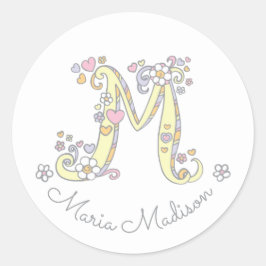 Adesivo Redondo Monograma inicial M com ID de nome personalizado e