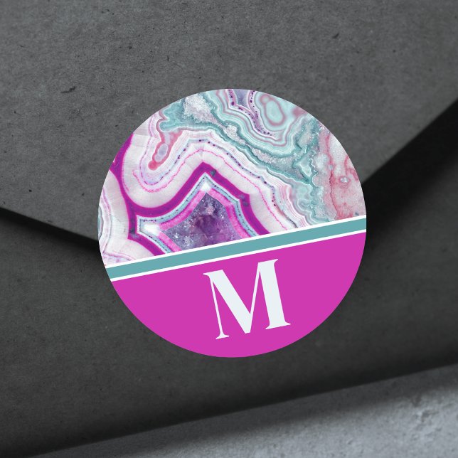 Adesivo Redondo Monograma Inicial Moderno e Elegante (Chic Modern Teal Pink Agate Stone Initial Monogram Classic Round Sticker)