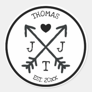 Adesivo Redondo Monograma inicial rústico da seta do coração