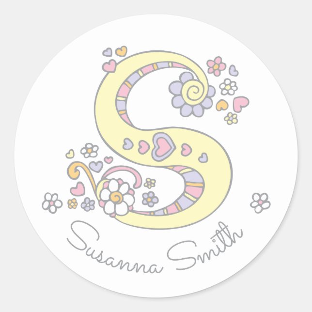 Adesivo Redondo Monograma inicial S com ID de nome personalizado e (Frente)
