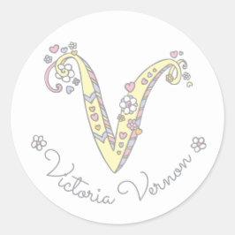 Adesivo Redondo Monograma inicial V ID de nome personalizado etiqu