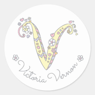 Adesivo Redondo Monograma inicial V ID de nome personalizado etiqu