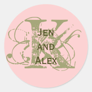 Adesivo Redondo Monograma K e Nomes - Vinheta Rosa