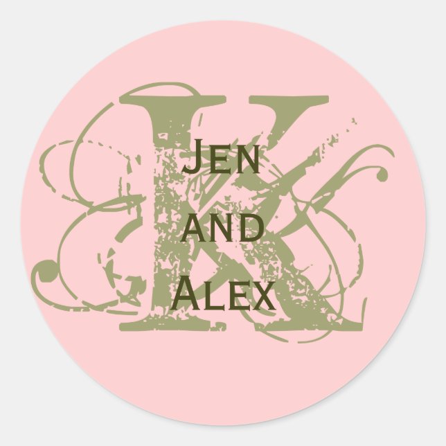 Adesivo Redondo Monograma K e Nomes - Vinheta Rosa (Frente)