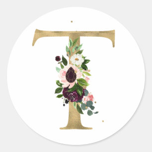Adesivo Redondo MONOGRAMA letra dourada flores boho burgundy Cla