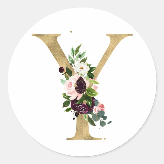 Adesivo Redondo MONOGRAMA letra dourada flores boho burgundy Cla (Frente)