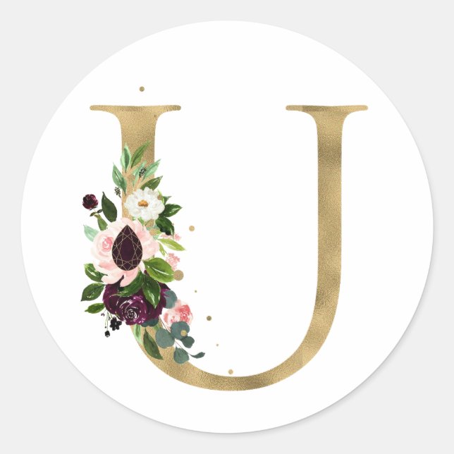 Adesivo Redondo MONOGRAMA letra dourada flores boho burgundy Cla (Frente)