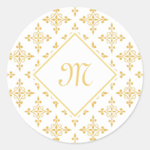 Adesivo Redondo Monograma luxuoso branco e Quatre Dourado floral