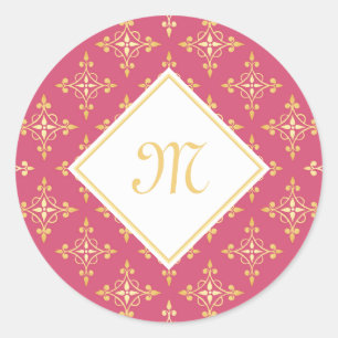Adesivo Redondo Monograma luxuoso cor-de-rosa e Quatre Dourado