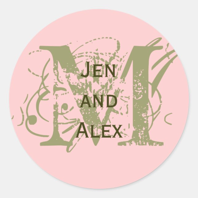 Adesivo Redondo Monograma M e Nomes - Vinheta Rosa (Frente)