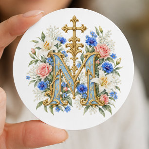Adesivo Redondo Monograma Mariano Católico Floral Azul