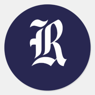Adesivo Redondo Monograma marinho Azul e Branco Selos Iniciais "R"