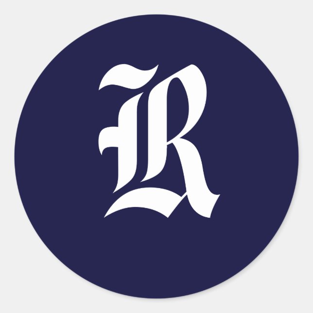 Adesivo Redondo Monograma marinho Azul e Branco Selos Iniciais "R" (Frente)