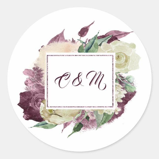 Adesivo Redondo Monograma Marsala Burgundy Ivory Mint White Roses (Frente)