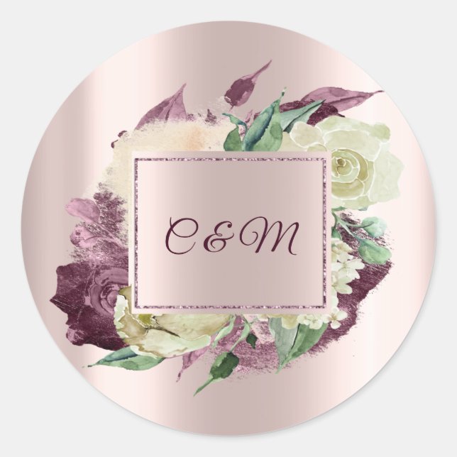 Adesivo Redondo Monograma Marsala  Floral Marfim Rosa Dourada (Frente)