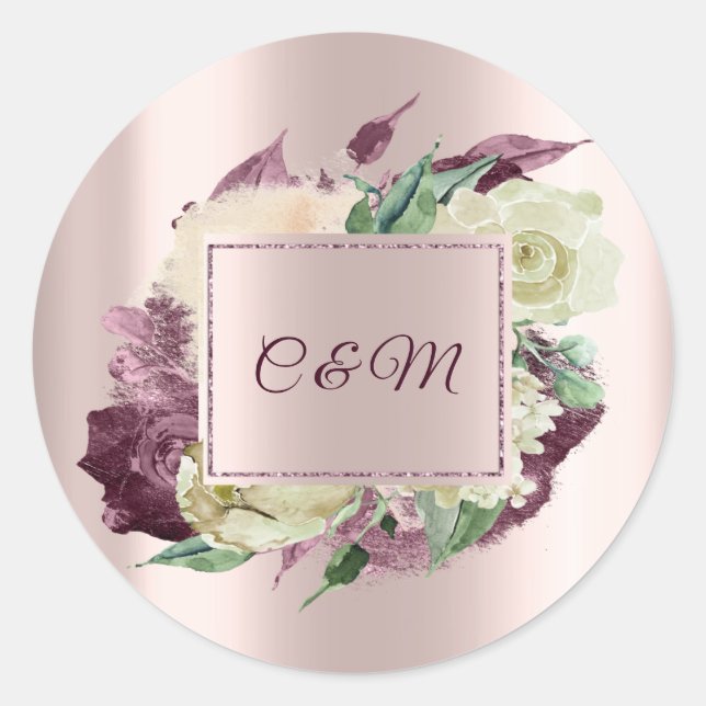Adesivo Redondo Monograma Marsala Floral Marfim Rosa Dourado (Frente)