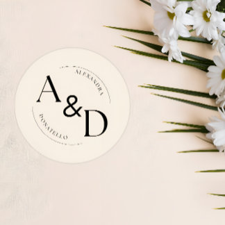 Adesivo Redondo Monograma Minimalista Preto Marfim Casamento
