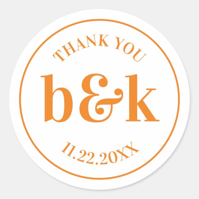 Adesivo Redondo Monograma Mínimo Moderno Iniciais Laranja Casament (Frente)