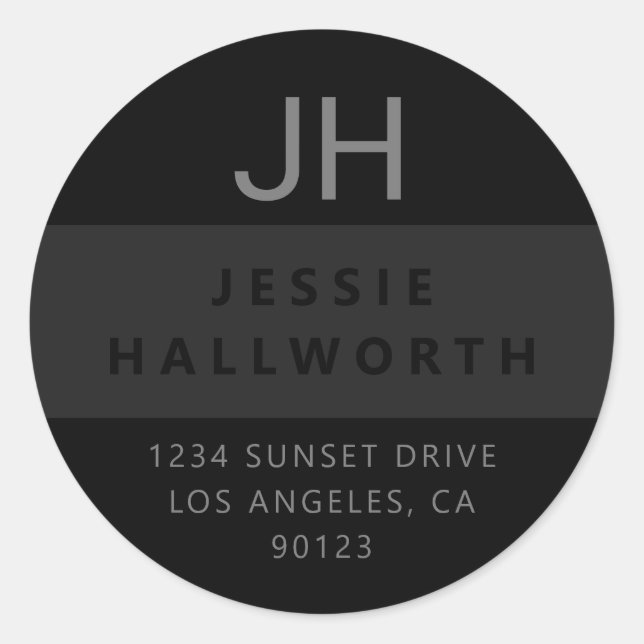 Adesivo Redondo Monograma Moderno da Na moda Preta e Cinza (Frente)