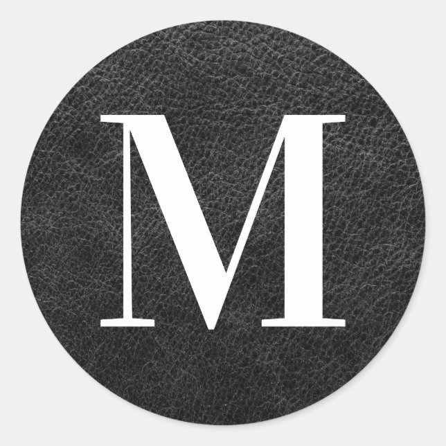 Adesivo Redondo Monograma Moderno de Couro Preto Faux (Frente)