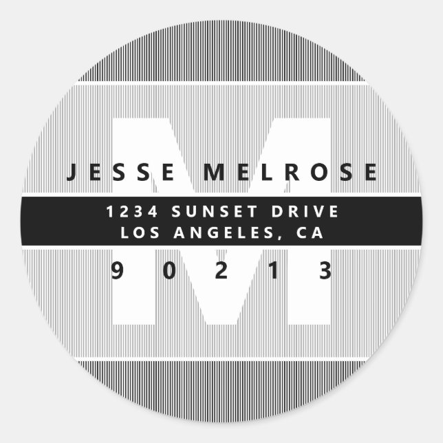 Adesivo Redondo Monograma Moderno e Faixa Endereço de Devolução de (Frente)