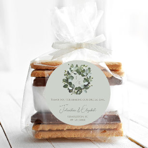 Adesivo Redondo Monograma Moderno Eucalyptus Wreath Sage Verde