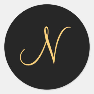 Adesivo Redondo Monograma N, cor dourada inicial N a preto,