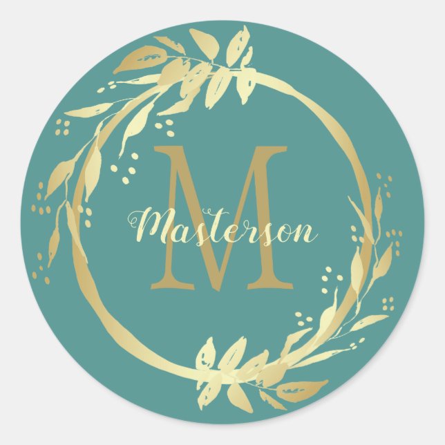 Adesivo Redondo Monograma Nome Dourado Teal Verde Rua de Natal Ver (Frente)