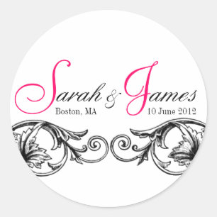 Adesivo Redondo Monograma Nomes Data Local Vinhetas de Casamento