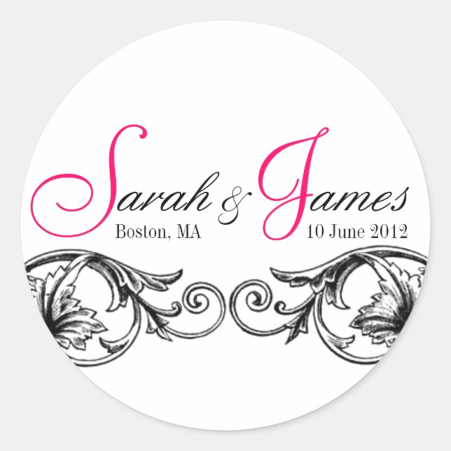 Adesivo Redondo Monograma Nomes Data Local Vinhetas de Casamento (Frente)