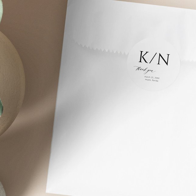 Adesivo Redondo Monograma, obrigado de casamento elegante e preto (Criador carregado)