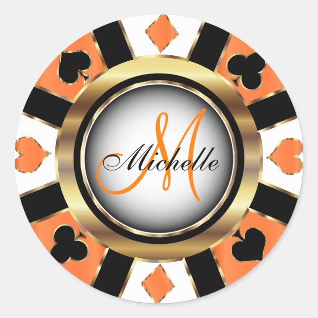 Adesivo Redondo Monograma Orange Casino Poker Design (Frente)