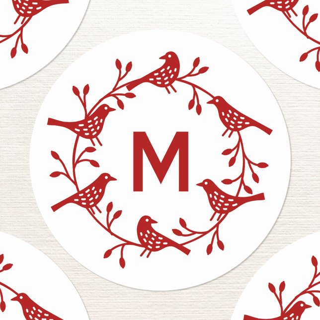 Adesivo Redondo Monograma, Pássaro Inicial Escandinavo (Monogram initial Scandinavian bird wreath personalized stickers)