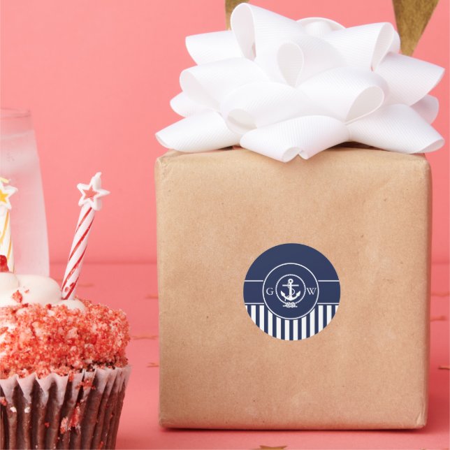 Adesivo Redondo Monograma Personalizado - Âncora e Linha Náutica S (Festa)