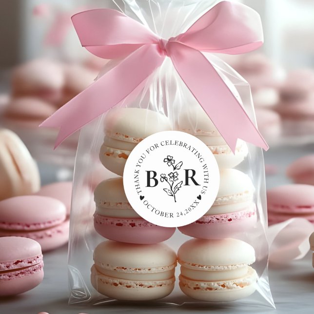 Adesivo Redondo Monograma Personalizado Botânico Preto e Branco (Criador carregado)