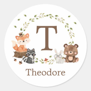 Adesivo Redondo Monograma Personalizado de Animais da Floresta