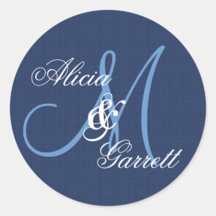 Adesivo Redondo Monograma Personalizado de Casamento Azul Meia-Noi