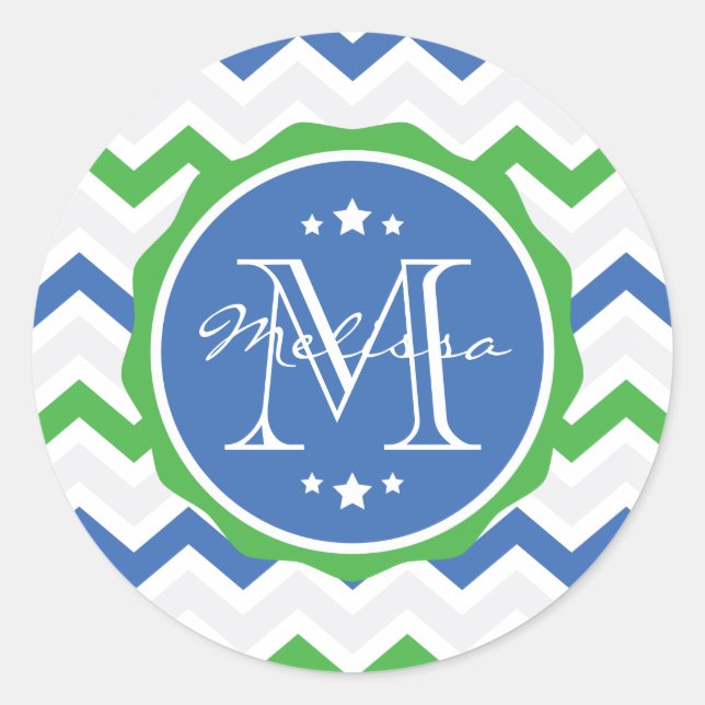 Adesivo Redondo Monograma Personalizado de Chevron Azul e Verde (Frente)