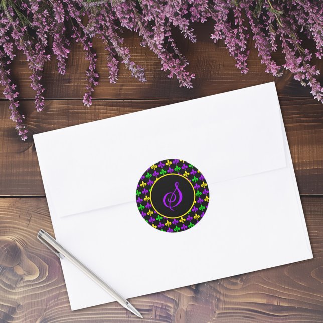 Adesivo Redondo Monograma personalizado do padrão Mardi Gras Fleur (Criador carregado)