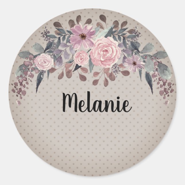 Adesivo Redondo Monograma personalizado: flor de aquarela (Frente)