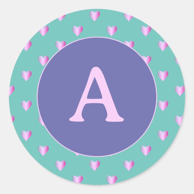 Adesivo Redondo Monograma Personalizado Padrão Cardíaco Lilac Teal (Frente)