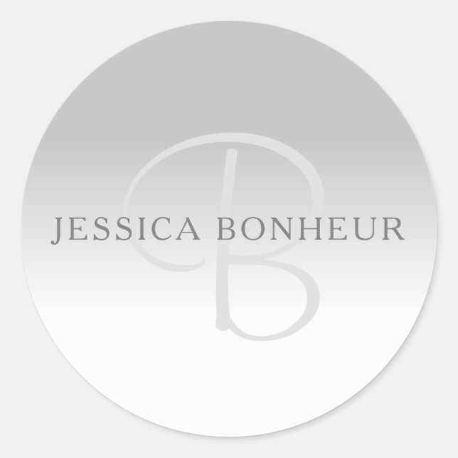 Adesivo Redondo Monograma Personalizável de Gradiente de Cinza Ele (Frente)