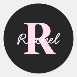 Adesivo Redondo Monograma Personalizável Fofo | Rosa Claro e Preto