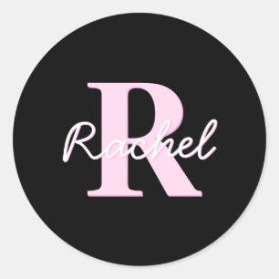 Adesivo Redondo Monograma Personalizável Fofo   Rosa Claro e Preto