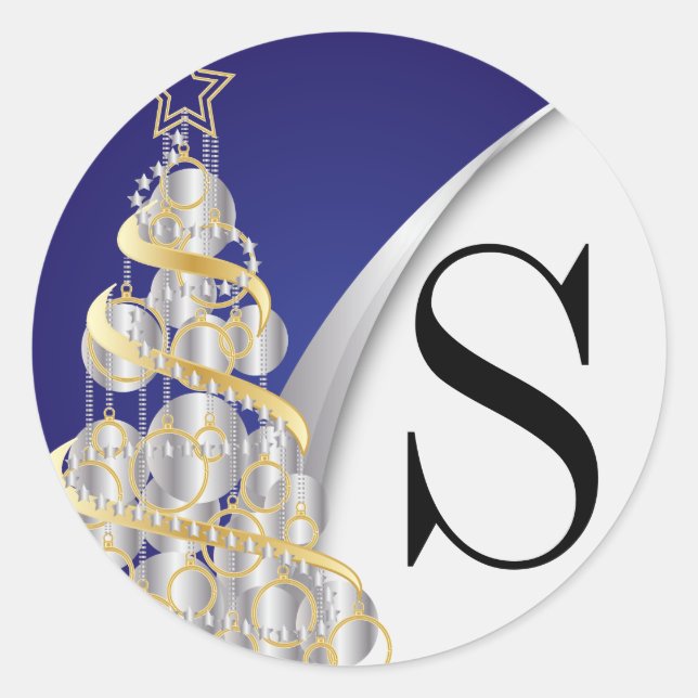 Adesivo Redondo Monograma Prata, Dourado e Azul Feliz Natal (Frente)