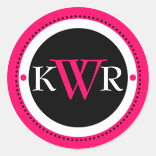 Adesivo Redondo Monograma preto branco-rosa quente