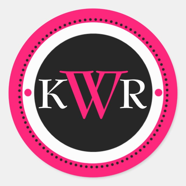 Adesivo Redondo Monograma preto branco-rosa quente (Frente)