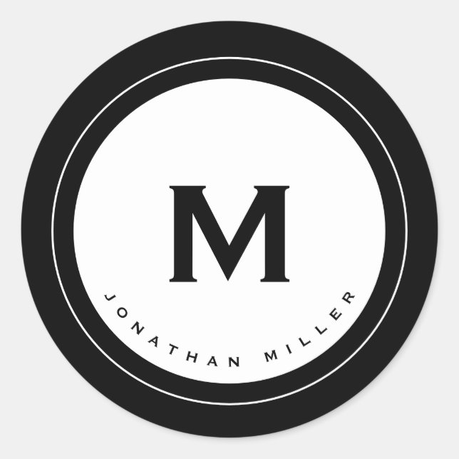 Adesivo Redondo Monograma preto e branco simples Nome inicial (Frente)